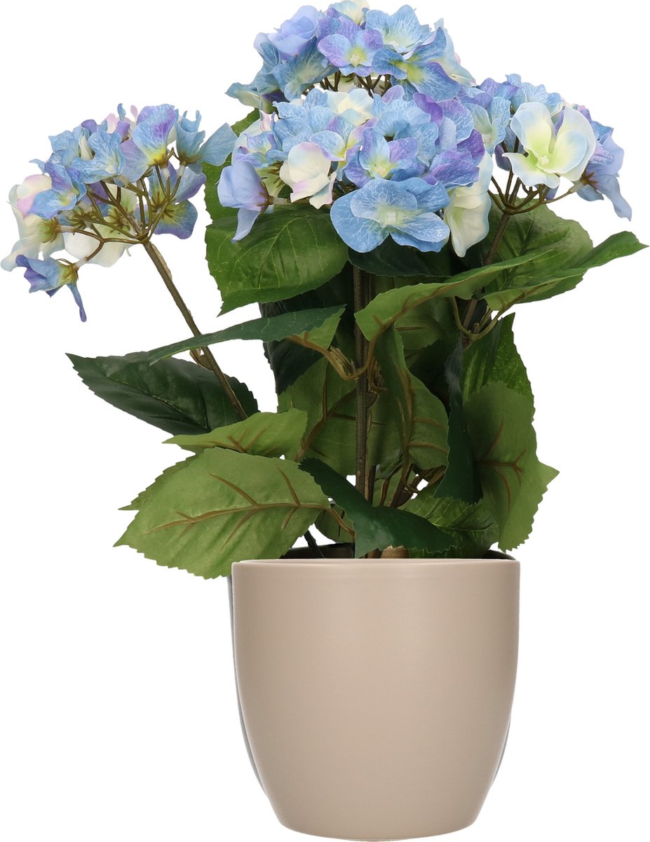 Hortensia kunstplant met bloemen blauw - in pot taupe - 40 cm hoog
