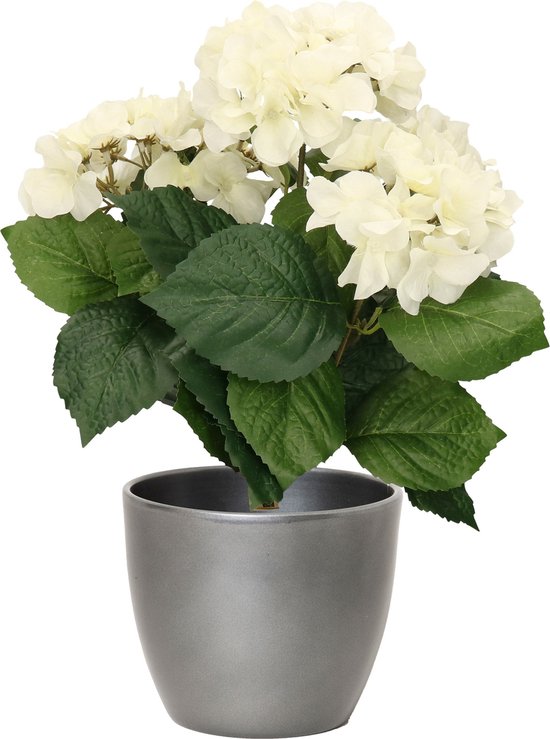 Hortensia kunstplant met bloemen wit - in pot zilver metallic - 40 cm hoog