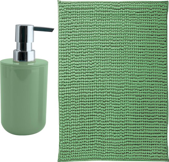 MSV badkamer droogloop mat - Genua - 50 x 80 cm - met bijpassende kleur zeeppompje - groen