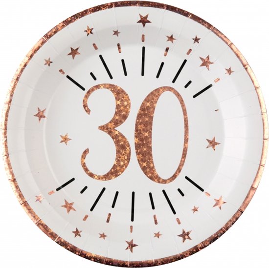 Santex Verjaardag feest bordjes leeftijd - 10x - 30 jaar - rose goud - karton - 22 cm - rond