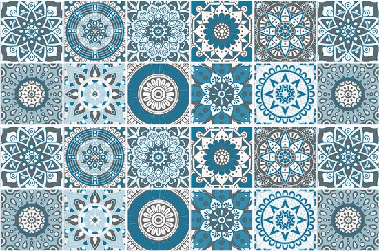 Set 24 Tegelstickers met Portugees Design - 15x15CM - Zelfklevende Tegels voor badkamer, keuken, meubels - Plaktegels Blauw
