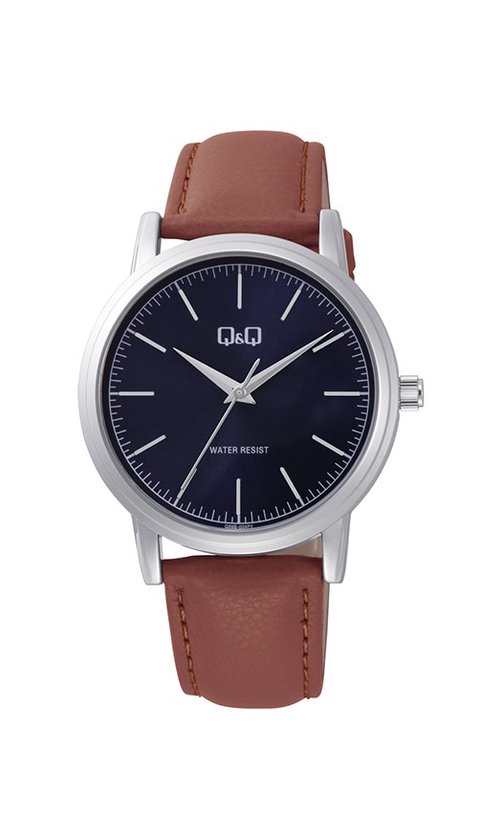 Q&Q Q59B-004PY - Horloge - Analoog - Heren - Mannen - Leren band - Rond - Metaal - Streepjes - Bruin - Zilverkleurig - DonkerBlauw