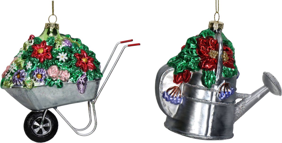 Cactula set van 2 glazen kersthangers voor de tuinliefhebbers! - gieter met bloemen en kruiwagen met bloemen 11 cm