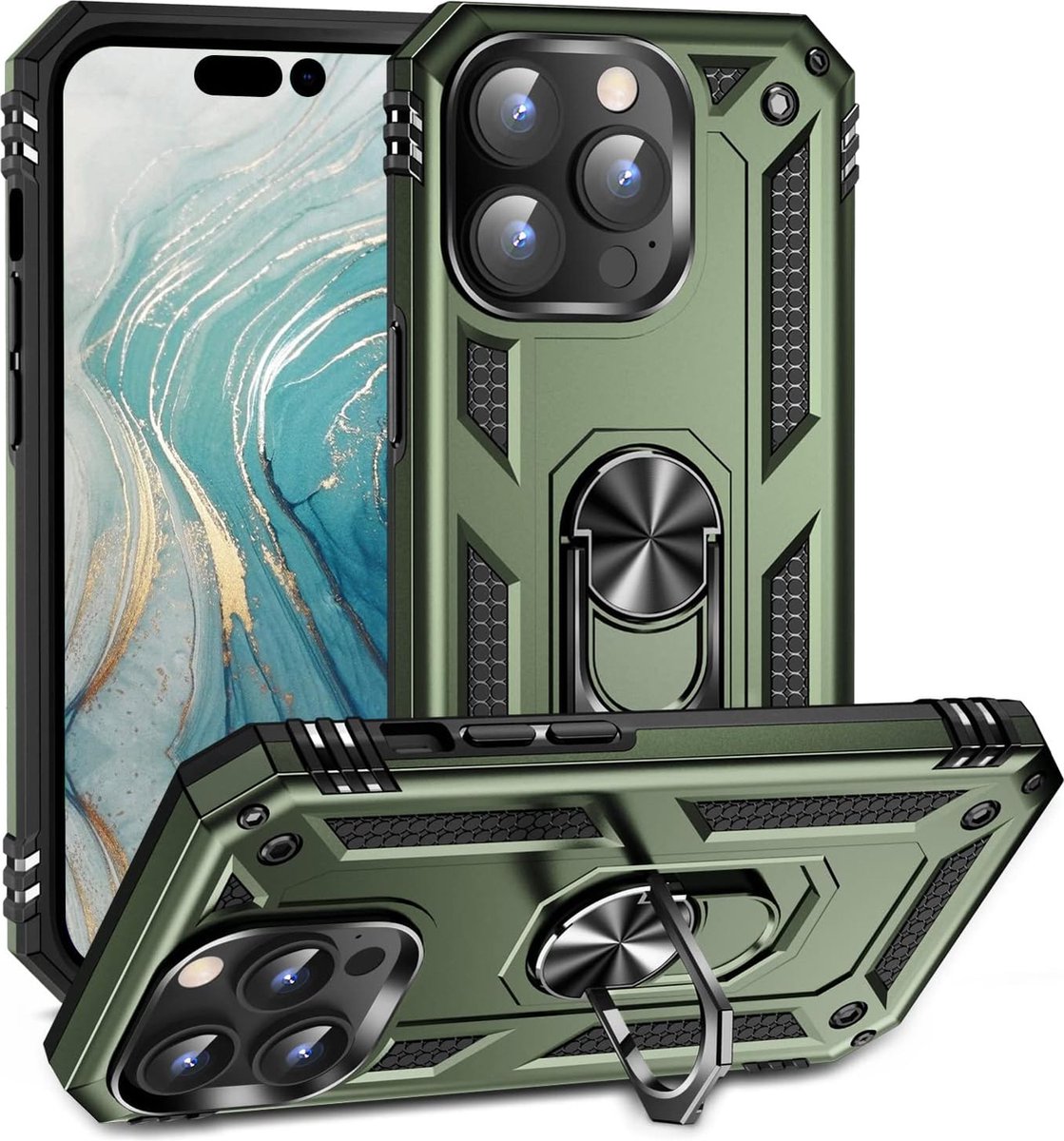 Casemania Hoesje Geschikt voor Apple iPhone 15 Pro - Groen - Anti-Shock Hybrid Armor Back Cover - Hoes met Kickstand Ring
