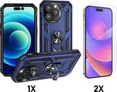 Casemania Coque adaptée pour Apple iPhone 15 Pro Blauw & 2X Protecteur d'écran en Verres - Armure Hybride Anti-Choc avec Ring de Béquille