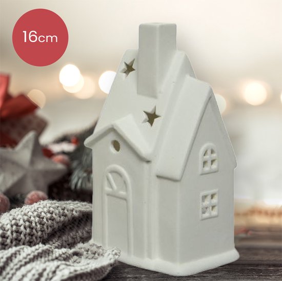 Witte porseleinen waxinelichthouder in de vorm van huisje met 2 daken - 16cm - kerstdecoratie - kerst - luxe theelichthouder - voor kaarsjes