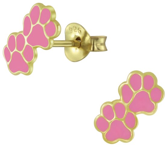 Joy|S - Zilveren kat hond dierenpoot oorbellen - 9 x 5 mm - roze - 14k goudplating