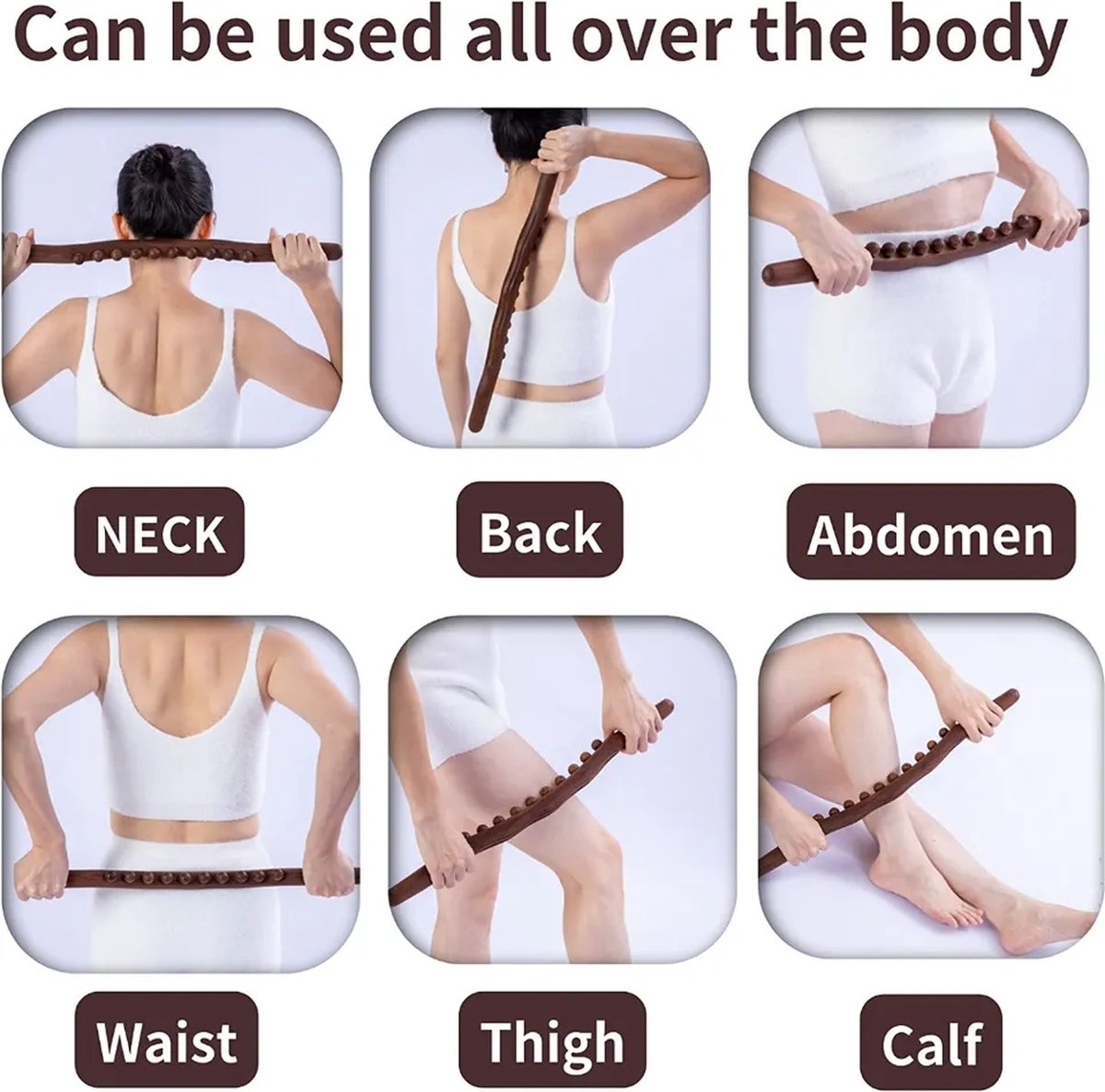 Afbeelding 2 van Massage - massage apparaat - voor rug, nek, schouder, buik, taille, armen, benen, etc. - massage stok hout - gua sha massage tool - houten massage stok - 8 massage ballen - 1 stuk - bruin hout