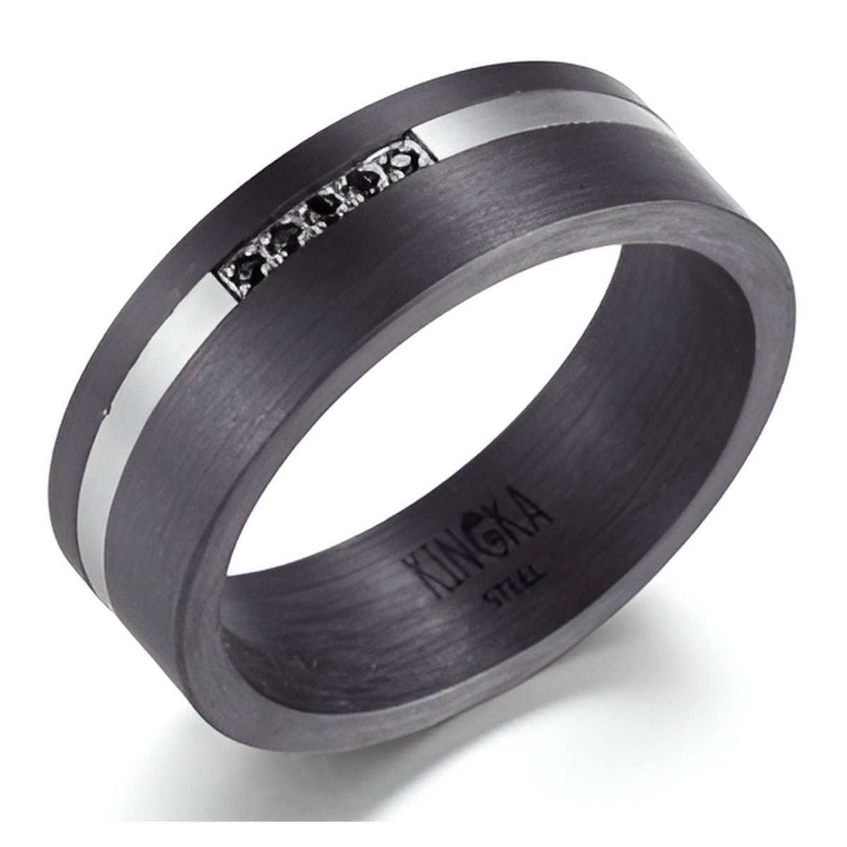Magnetox X Kingka - Koolstofvezel - Ring - Zwart Met Witte Zirkoniasteen - Roestvrij Staal – Mannen - 54mm