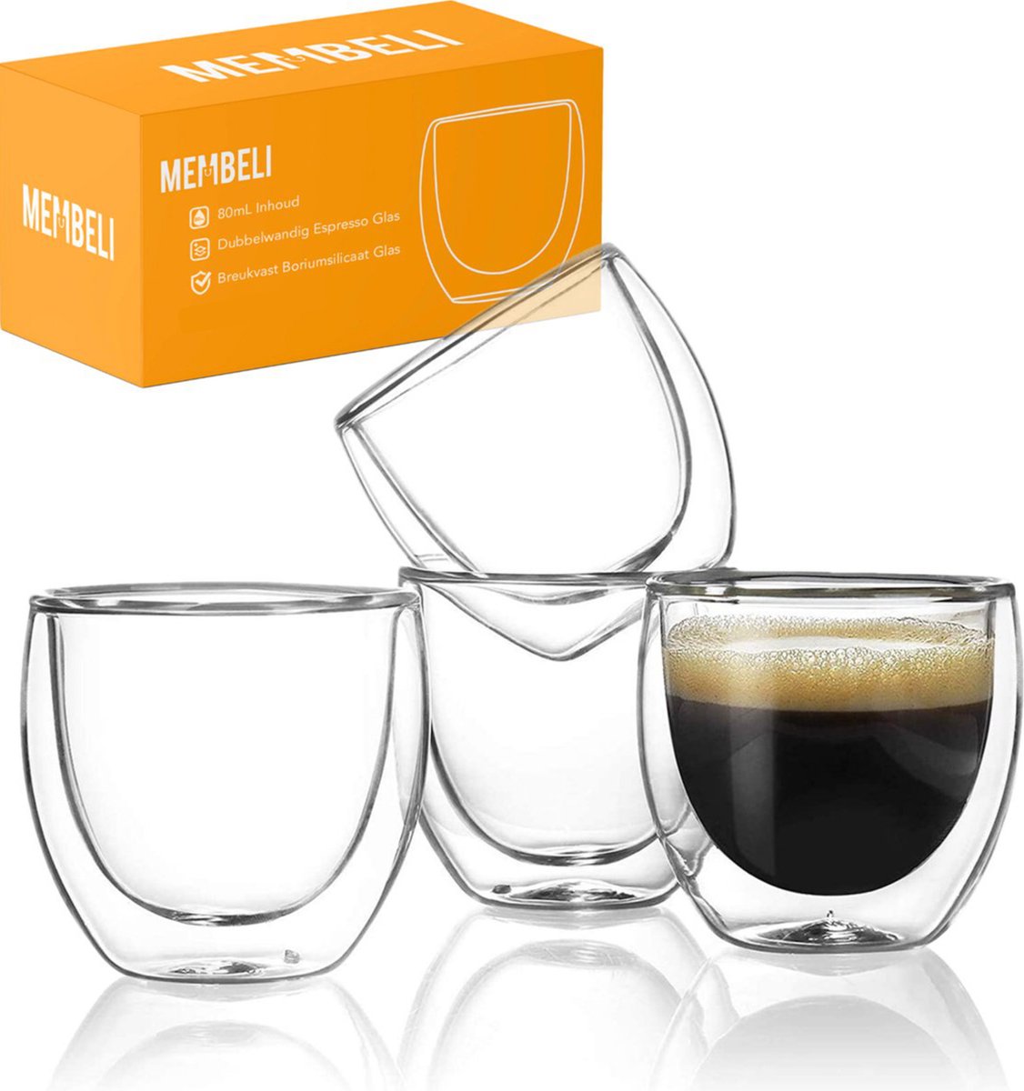 Membeli Espresso Koffie Kopjes set van 4 - Dubbelwandig Espresso Glazen zonder Oor - 80 mL - Koffiekopjes