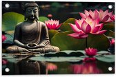 Tuinposter – Buddha - Waterlelies - Bloemen - Bladeren - Water - 60x40 cm Foto op Tuinposter (wanddecoratie voor buiten en binnen)
