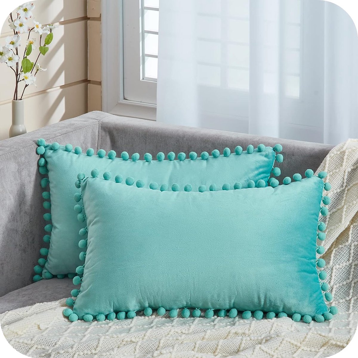 Fluwelen kussenslopen met pompons, effen, decoratief, hoofdkussen, zitkussen, voor de bank, slaapkamer, kantoor, auto