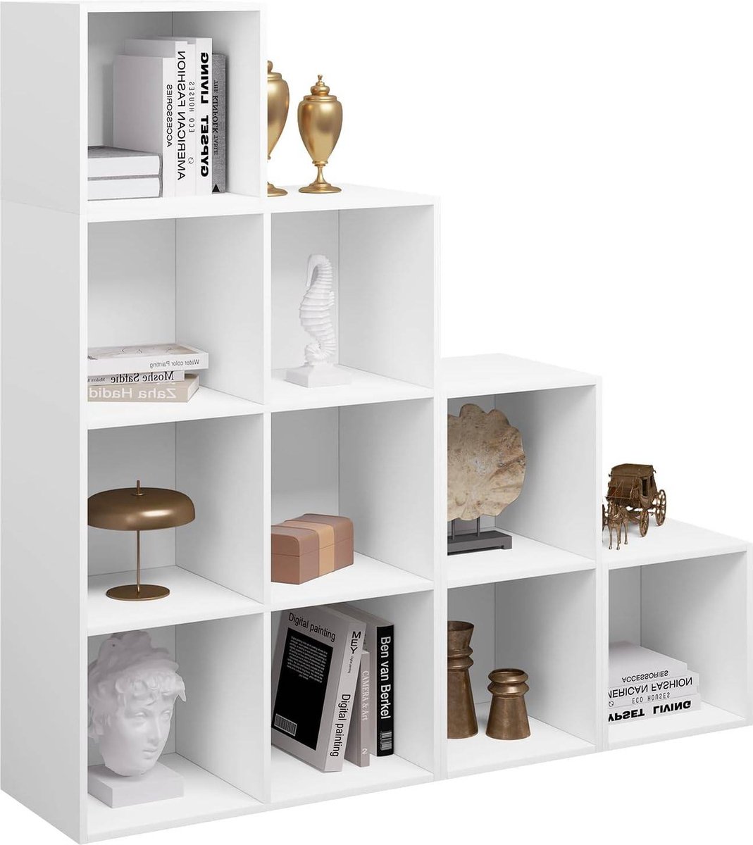 BukkitBow Boekenkast met Vakken en Trapvorm (10-Vakken) – Boekenrek voor Woonkamer - Kast voor Slaapkamer en Kinderkamer – 90 x 90 x 30 cm - Wit