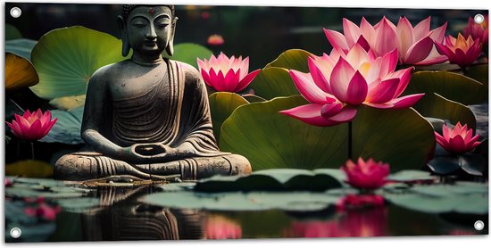 Tuinposter – Buddha - Waterlelies - Bloemen - Bladeren - Water - 100x50 cm Foto op Tuinposter (wanddecoratie voor buiten en binnen)