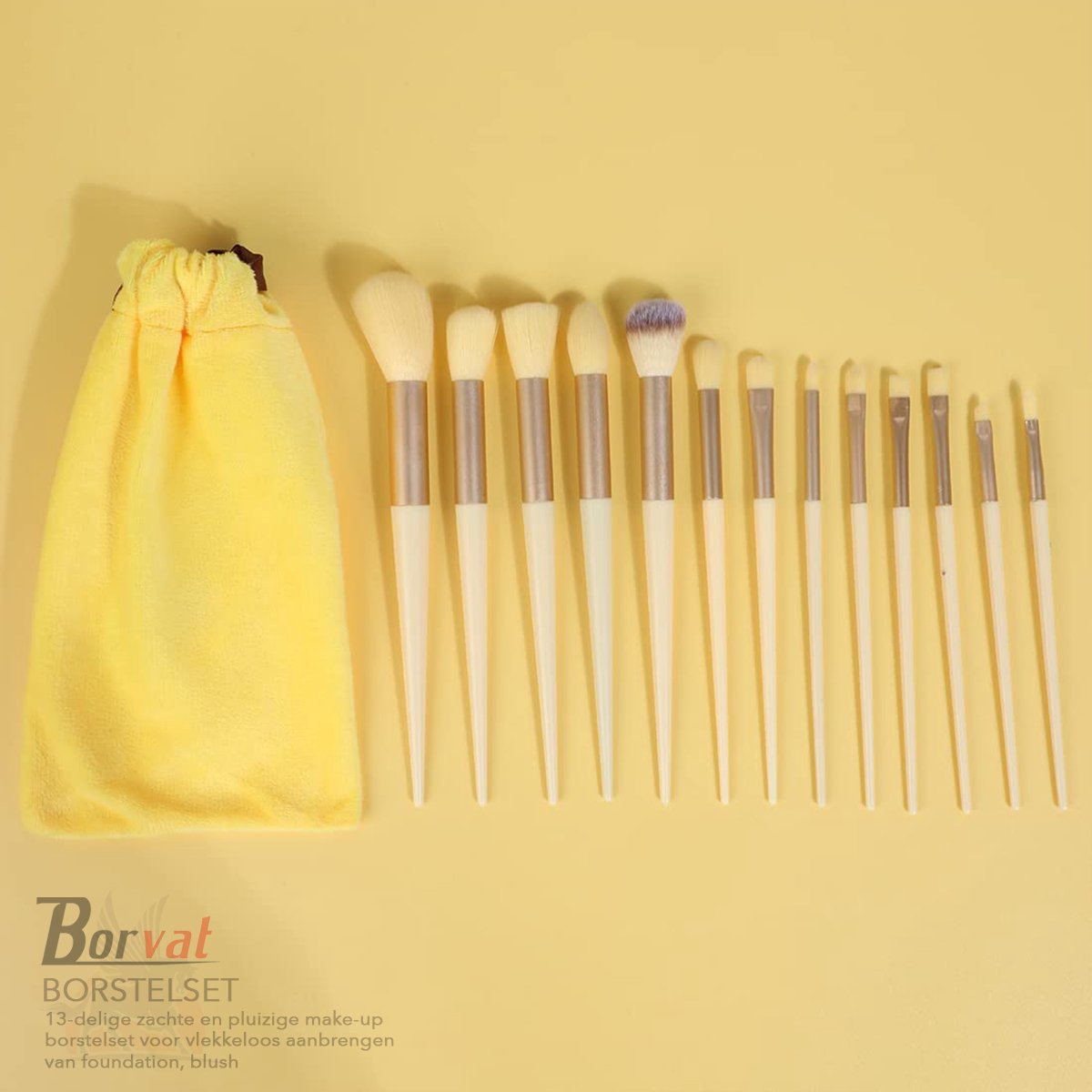 Borvat® - Make Up Kwasten Set - 13 stuks - Inclusief Beschermingszakje - Blending Beauty - Voor o.a. Foundation & Oogschaduw - Cadeau voor haar - Geel