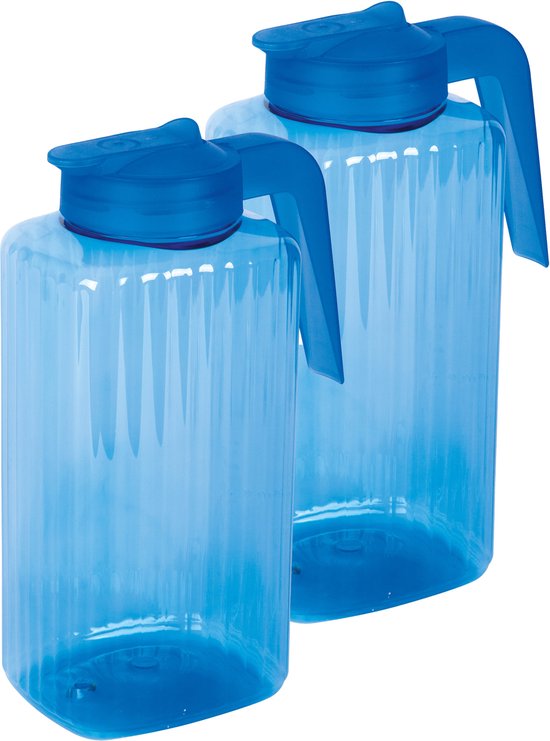 Juypal Schenkkan/waterkan - 2x - blauw - 2,2 liter - kunststof - L15 x H24 cm - met deksel