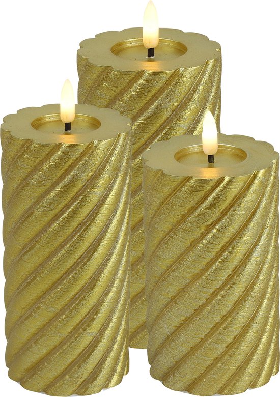 Countryfield LED kaarsen/stompkaarsen set - 3x st - goud - H12,5, H15 en H20 - swirl