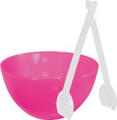 Serveerschaal/slakom - fuchsia roze - kunststof - 26 cm - met sla bestek/couvert