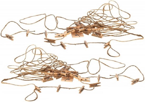 Chaks Kerstkaarten/foto's ophangen slinger 2x - met 30x knijpertjes - beige - 300 cm