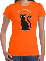Bellatio Decorations Halloween verkleed t-shirt dames - zwarte kat - oranje - themafeest outfit XS