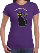 Bellatio Decorations Halloween verkleed t-shirt dames - zwarte kat - paars - themafeest outfit XL
