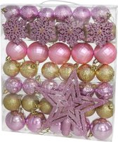 Gerimport Kerstballen set met ster piek 57-delig - kunststof - roze/goud