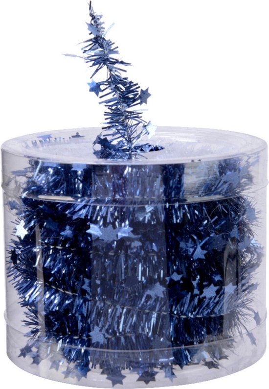 Decoris kerstslinger - met sterren - donkerblauw - lametta - 700 cm