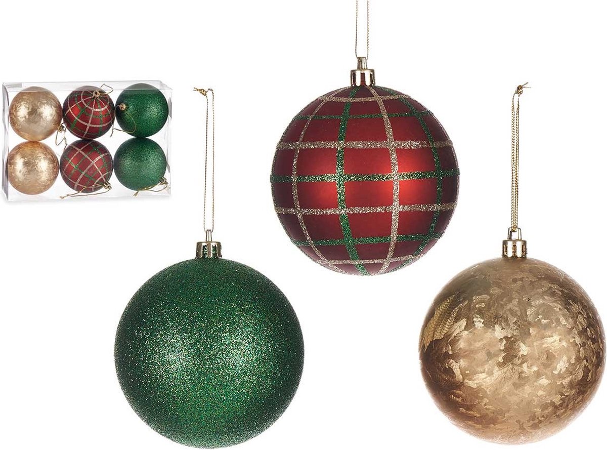 Krist+ gedecoreerde kerstballen - 6x - rood/groen/goud - kunststof - 8 cm