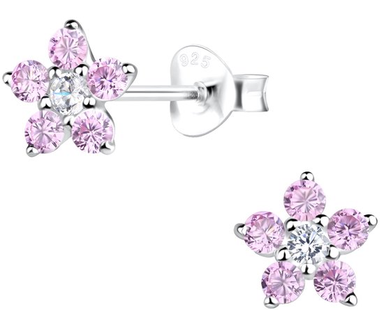 Joy|S - Zilveren bloem oorbellen - 7 mm - zirkonia roze - oorknoppen bloemetje