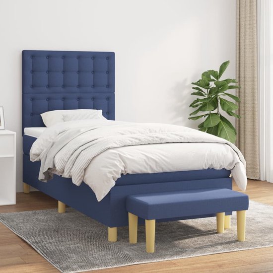 The Living Store Boxspringbed - Blauw - 203 x 100 x 118/128 cm - Pocketvering - Middelharde ondersteuning - Huidvriendelijk topmatras - Multifunctioneel bankje