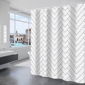 Douchegordijn 180 x 180 cm polyester wasbaar badgordijn met 12 douchegordijnringen waterdicht voor bad en badkamer (V-stijl) wit