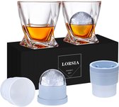 Whiskyglazen, set van 4 (2 kristallen glazen, 2 grote ijsbalvormen) in geschenkverpakking - 320 ml whiskyglazen voor whisky, cocktail, rum, bourbon, cognac, wodka en likeur - unieke cadeaus voor mannen