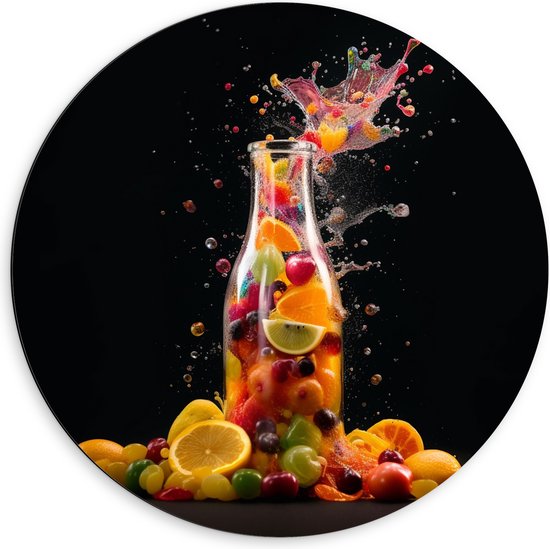 Dibond Muurcirkel - Fles - Eten - Fruit - Spetters - Kleuren - 60x60 cm Foto op Aluminium Muurcirkel (met ophangsysteem)