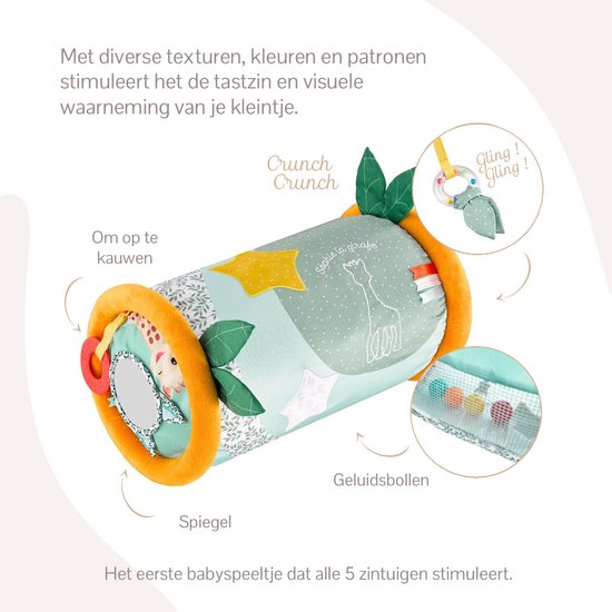 Rollende speelrol met diverse texturen, kleuren en patronen. Bevat een spiegel en geluidsballen.