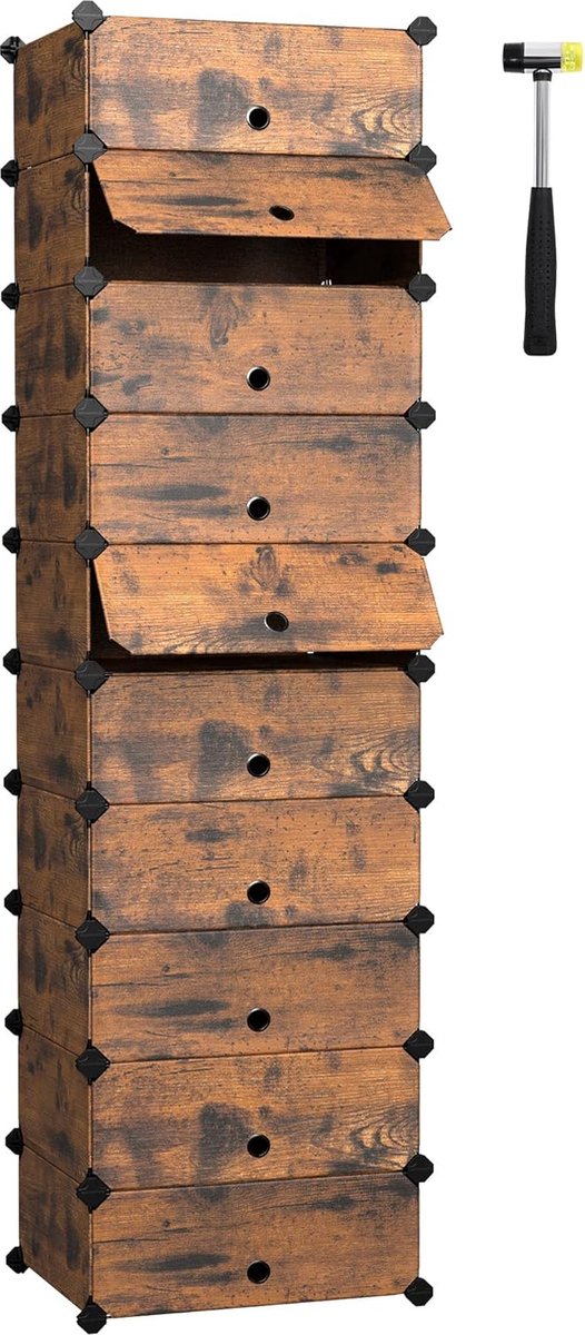 schoenenrek, plankensysteem met 10 vakken, insteekplank, kunststof platen, draadframe, opberger, kledingkast, schoenenopberger, 40 x 30 x 17 cm per vak, vintage bruin LPC010A01