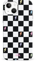 xoxo Wildhearts Thunderstruck - Double Layer - Hard Case geschikt voor iPhone 13 hoesje - Bliksem hoesje - Dames hoesje geschikt voor iPhone 13 hoesje - Case geschikt voor iPhone 13 hoesje - beschermhoes - geblokt - zwart / wit