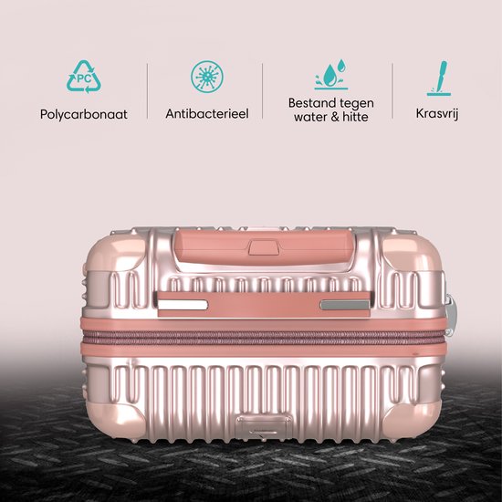 Zijkant van de rosé gouden koffer, die polycarbonaat, antibacterieel, water- en hittebestendig is.