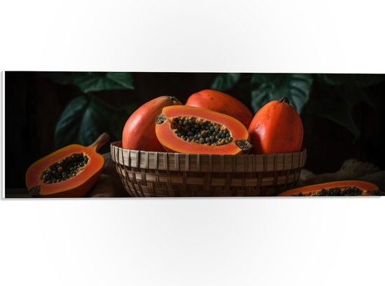 PVC Schuimplaat - Papaja - Fruit - Oranje - Pitten - Mandje - Kleuren - 60x20 cm Foto op PVC Schuimplaat (Met Ophangsysteem)