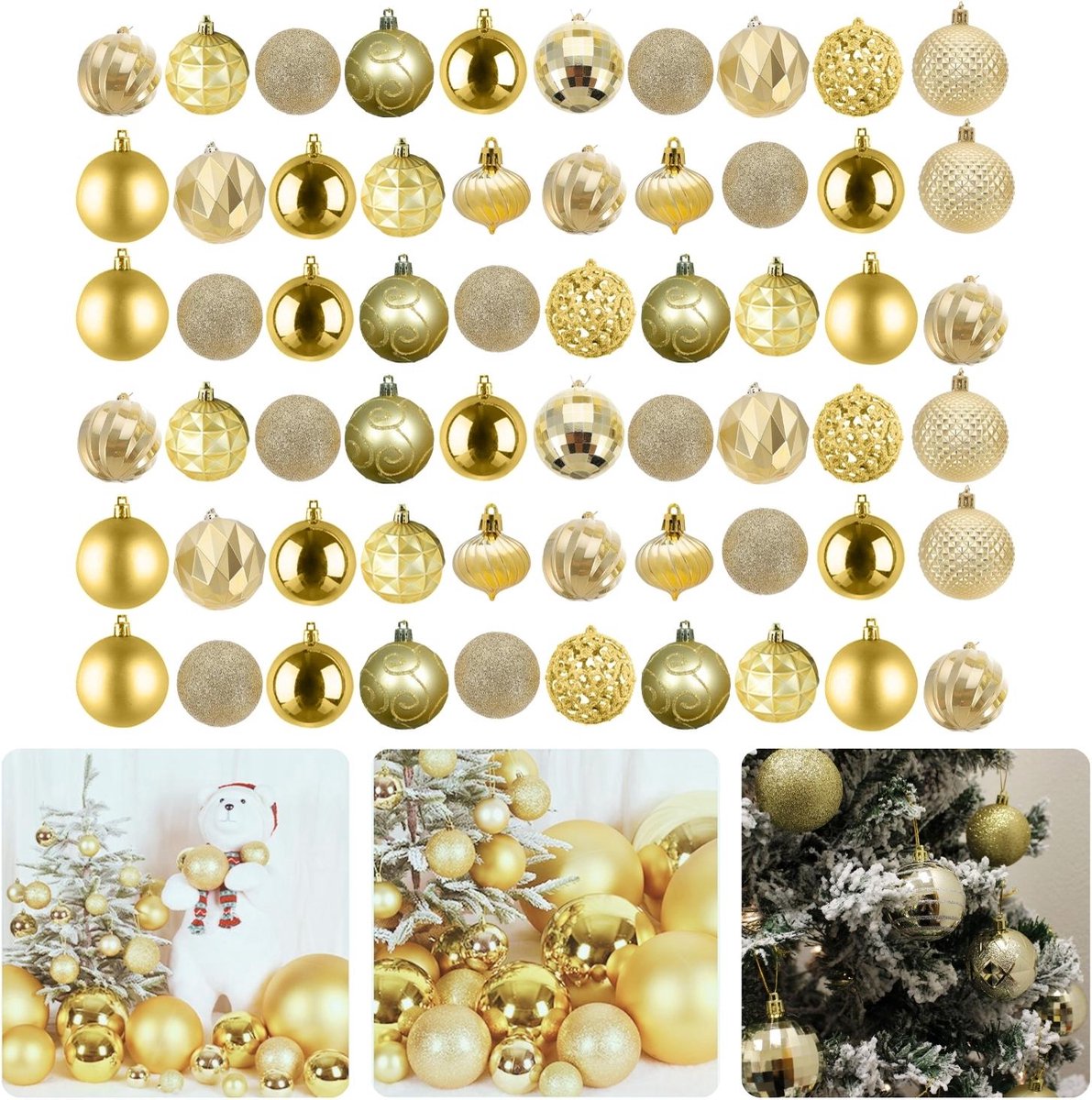Cheqo Gouden Kerstballen Set - 60 stuks - Kunststof - Kerstboomversiering - Kerstversiering - Onbreekbaar - Verschillende Formaten & Designs - Kerstboom - Kerstballenset - Kerstdecoratie - Kerst - Christmas