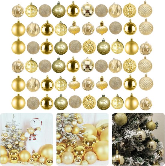 Cheqo Golden Boules de Noël Set - 60 pièces - Plastique - Décorations pour sapins de Noël - Décorations de Noël - Incassable - Différentes tailles et designs - Sapin de Noël - Ensemble de boules de Noël - Décoration de Noël - Noël - Noël