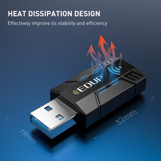 Zwarte EDUP wifi-adapter met hitteafvoer-ontwerp, USB 3.0-connector en afmetingen 19mm en 32mm.