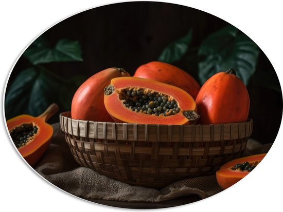 PVC Schuimplaat Ovaal - Papaja - Fruit - Oranje - Pitten - Mandje - Kleuren - 56x42 cm Foto op Ovaal (Met Ophangsysteem)