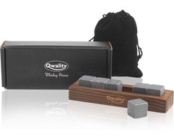 Whiskey Stones Set - 6 Whisky Stenen Incl. Houder en Vriezerzakje - Luxe Cadeau Set Man Vrouw - Herbruikbare ijsblokjes – Qwality