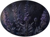 Dibond Ovaal - Getekende Paarse Lavendel Bloemen met Donkere Achtergrond - 68x51 cm Foto op Ovaal (Met Ophangsysteem)
