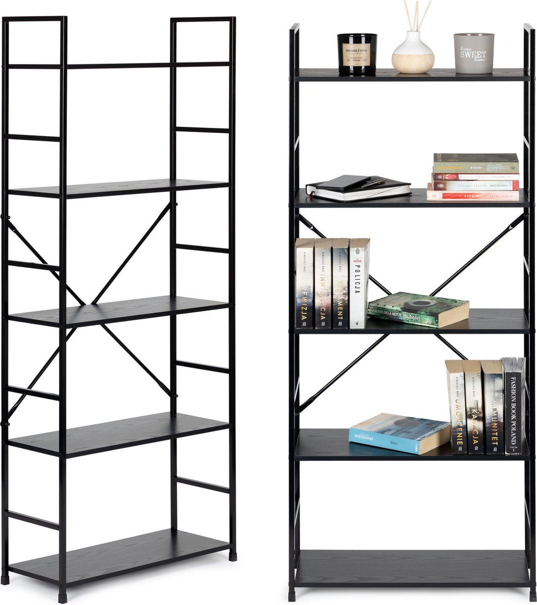 Viking Choice Boekenkast - 144x58.5x23.5 cm - 5 planken - grijs & zwart