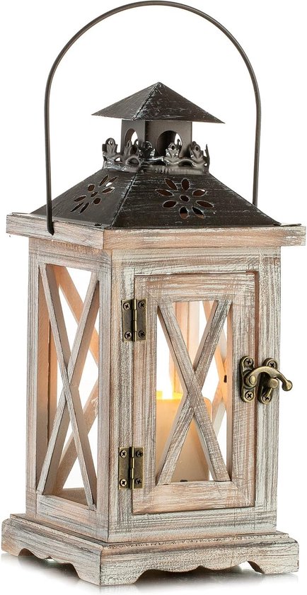 Lantaarn houten kandelaar windlicht tuinwindlicht - rustieke landelijke  kaarsenhouder... | bol.com