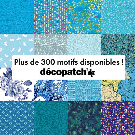 Collage van Decopatch patronen in blauwtinten, waaronder bloemen, patronen en landkaarten. Meer dan 300 patronen beschikbaar.