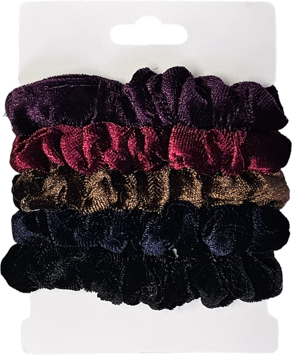 Fako Fashion - Haarelastiek - Scrunchie - Haarwokkel - Haarband - Velours - Donker - 5 Stuks