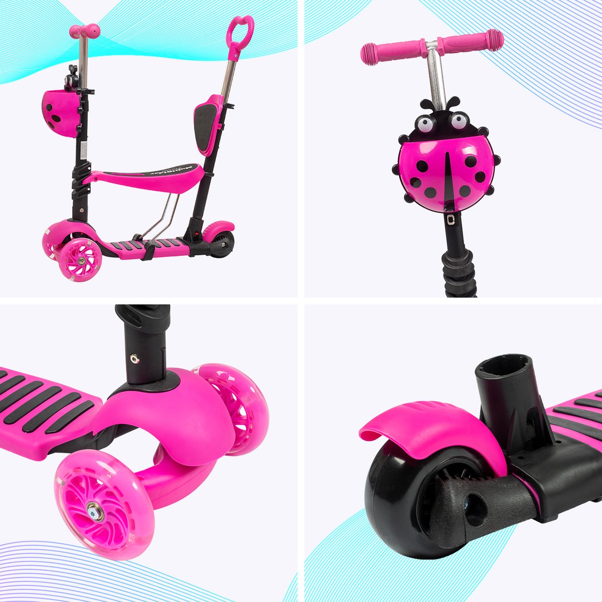 LifeGoods MultiRider - Kinderstep met Duwstang - 3 tot 8 Jaar - Hoogte Verstelbaar - Jongens/Meisjes - Lichtgevende LED Wielen - Roze — afbeelding 9