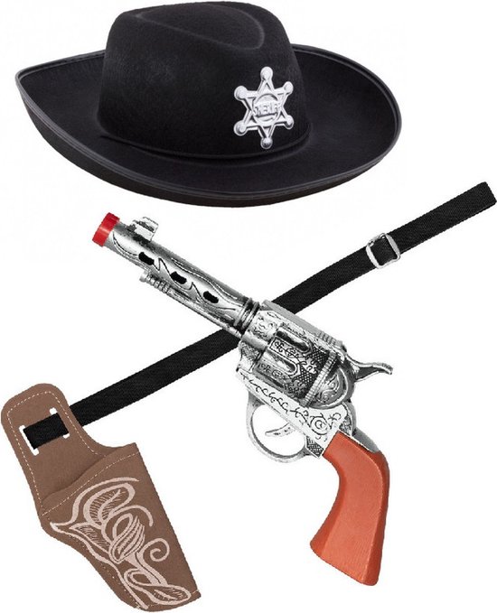 Verkleed cowboy hoed zwart/holster met een revolver voor kinderen - carnaval